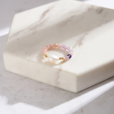 Natural Pink Opal & Lilac Jade Beaded Finger Rings RJEW-G331-01G-1