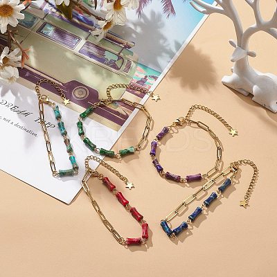 Natural Imperial Jasper(Dyed) Bamboo Joint Beaded Bracelet with Golden 304 Stainless Steel Chains for Women BJEW-JB09028-1