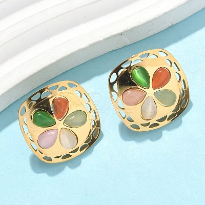 304 Stainless Steel Cat Eye Flower Pendant Necklaces & Stud Earrings Sets for Women SJEW-B020-04G-1