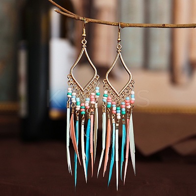 Bohemian Style Alloy Glass Seed Beaded Feather with Rhombus Chandelier Earrings FS-WG1E384-02-1