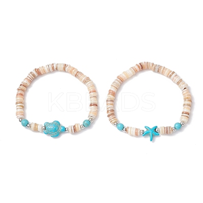2Pcs Starfish & Tortoise Natural Freshwater Shell with Synthetic Turquoise Beads Stretch Bracelets for Men Women BJEW-JB11745-1
