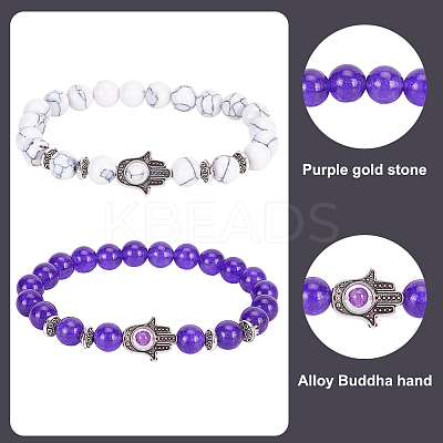 5Pcs 5 Style Natural & Synthetic Mixed Gemstone Round & Hamsa Hand Beaded Stretch Bracelets Set for Women BJEW-AN0001-33-1