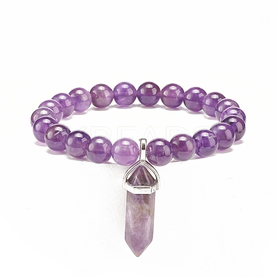 Natural Amethyst Round Beaded Stretch Bracelet with Bullet Shape Charm BJEW-JB08310-03-1