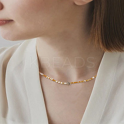 1Pc Round Glass Seed Bead & Alloy Starfish Beaded Necklaces for Women NJEW-LP0007-35-1
