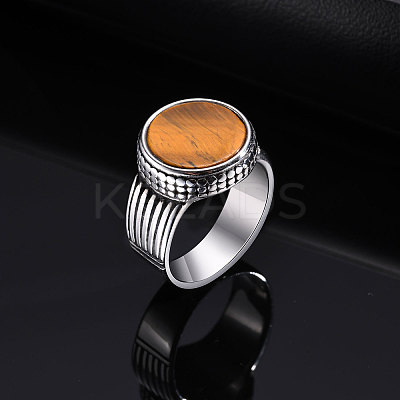 304 Stainless Steel with Natural Tiger Eye Finger Rings for Men FS-WGE1297-01-1