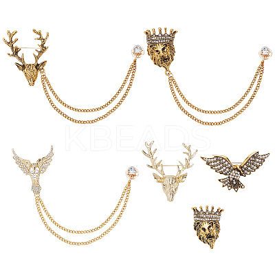 6Pcs 6 Style Lion & Eagle & Deer Rhinestone Safety Pin Brooches JEWB-WR0001-01-1