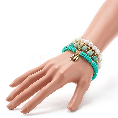 Shell Shape Cubic Zirconia Charm Stretch Bracelets Set for Teen Girl Women BJEW-JB06850-04-1