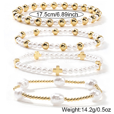 4Pcs 4 Styles Elegant Imitation Pearl & Brass Beads Stretch Bracelets for Women YV1811-1-1