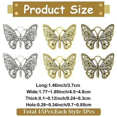 15Pcs 3 Styles Butterfly Tibetan Style Alloy Pendant Rhinestone Settings TIBEP-YW0002-23-1
