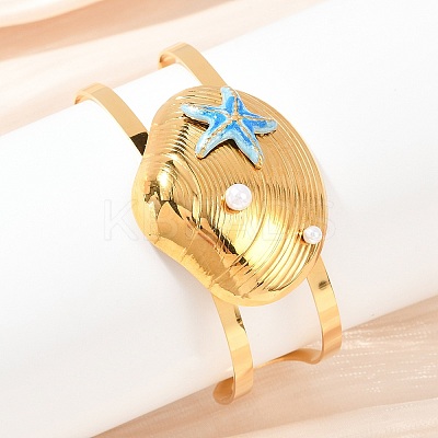 Shell Shape 304 Stainless Steel Enamel Cuff Bangles for Women BJEW-A049-04B-G-1