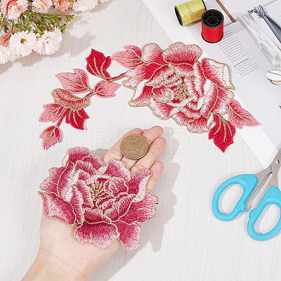 2Pcs 2 Style Peony Polyester Embroidery Sew on Clothing Patches PATC-NB0001-11D-1
