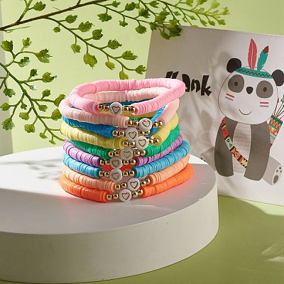 Handmade Polymer Clay Heishi Beads Stretch Bracelets Set with Heart Patter Beads for Women BJEW-JB07450-1