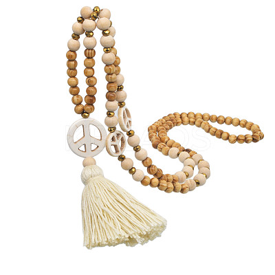 Wood & Synthetic Turquoise Beaded Peace Sign Mala Necklaces with Tassel for Women FS-WGC7FA0-01-1