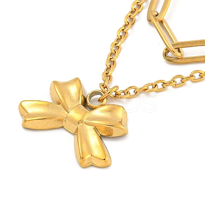 304 Stainless Steel Bowknot Pendant Necklaces NJEW-L182-001G-02-1