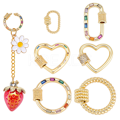 6Pcs 6 Styles Brass Micro Pave Cubic Zirconia Screw Carabiner Lock Charms KK-GA0002-02-1