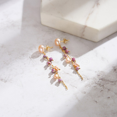 Natural Lepidolite & Natural Freshwater Pearl & 925 Sterling Silver Leaf Dangle Stud Earrings for Women EJEW-G412-02G-1