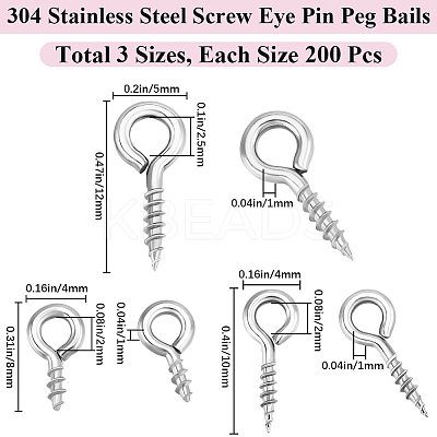 600Pcs 3 Styles 304 Stainless Steel Screw Eye Pin Peg Bails STAS-BBC0005-13-1