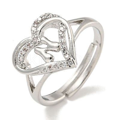 Heart with Letter Rack Plating Brass Micro Pave Clear Cubic Zirconia Adjustable Rings for Women RJEW-I105-01P-N-1