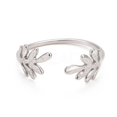 Non-Tarnish 304 Stainless Steel Leaf Open Cuff Ring for Women RJEW-C025-24P-1
