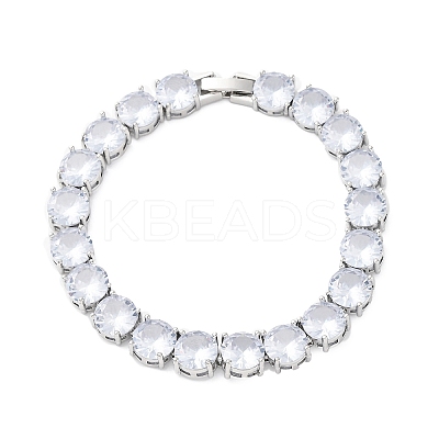 Brass Pave Clear Cubic Zirconia Flat Round Link Chain Bracelets for Women BJEW-A034-02P-1