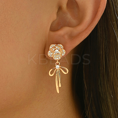 Elegant Brass Pave Clear Cubic Zirconia Flower with Bowknot Stud Earrings OP0904-1