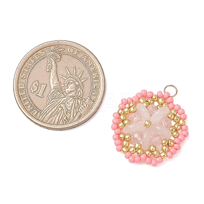 Natural Rose Quartz & Glass Seed Beaded Flower Pendants PALLOY-MZ01211-01-1