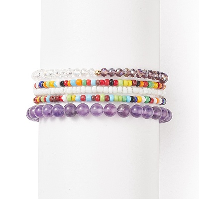 Faceted Glass & Natural Amethyst Stretch Beaded Bracelets Sets BJEW-TA00202-04-1