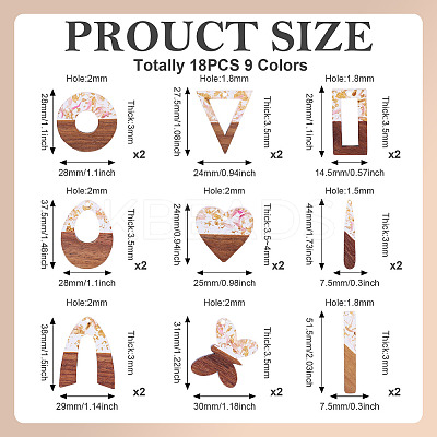 18Pcs 9 Styles Transparent Resin & Walnut Wood Pendants RESI-TA0003-35-1