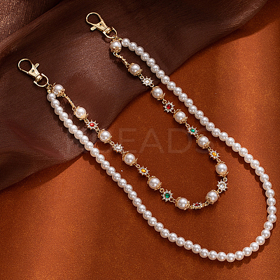 1Pc Plastic Imitation Pearl Round Beaded Alloy Rhinestone Link Chain Double Layered Chain Belts for Pants AJEW-CP0009-84-1