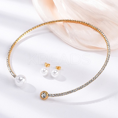 Round Plastic Imitation Pearl Stud Earrings & Cubic Zirconia Rhinestone Cuff Choker Necklaces Sets SJEW-U003-07G-1