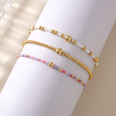 3Pcs 3 Styles Glass Seed Beads & Brass Beads Stretch Bracelets Set for Women VQ8944-1-1