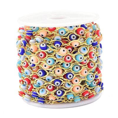 304 Stainless Steel & Evil Eye Glass Beads Link Chain CHS-D034-01G-1