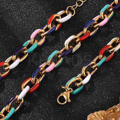 304 Stainless Steel Colorful Enamel Curb Chain Necklaces for Women NJEW-P328-01G-1