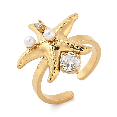 304 Stainless Steel Micro Pave Cubic Zirconia Plastic Pearl Cuff Rings RJEW-D310-02A-G-1