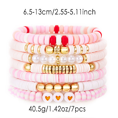 7Pcs Heart Pattern Polymer Clay & Plastic Pearl & CCB Plastic Beaded Stretch Bracelet Set for Women FS-WG634BB-07-1