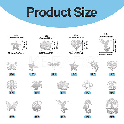 16Pcs 16 Styles 201 Stainless Steel Etched Metal Embellishments Connector Charms STAS-TA0003-39-1