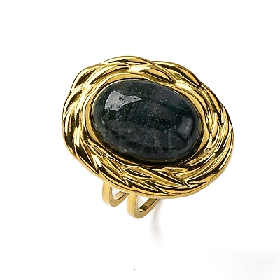 Oval Natural Moss Agate Finger Rings RJEW-M063-01G-07-1