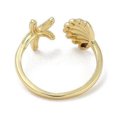Shell Shape & Starfish Rack Plating Brass Cuff Finger Rings for Women RJEW-C114-07G-1