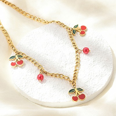 304 Stainless Steel Red Enamel Cherry and Round Plastic Pendant Necklaces for Women NJEW-M091-01G-1