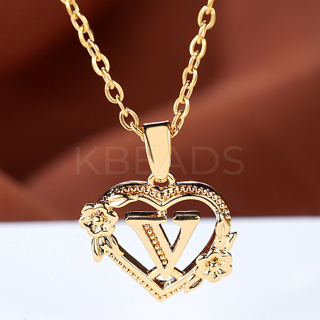 Brass Rose Flower Heart with Letter Pendant Cable Chain Necklaces FS-WG42461-22-1
