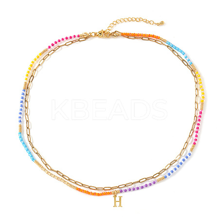Colorful Glass Seed Beaded Initial Pendant Double Layer Necklaces QS3881-8-1