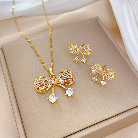 Brass Micro Pave Cubic Zirconia Pendant Necklace & Stud Earrings WG7AC39-54-1