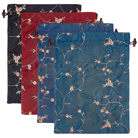 4Pcs 4 Colors Embroidery Flower Burlap Packing Pouches Drawstring Bags ABAG-FG0001-09-1