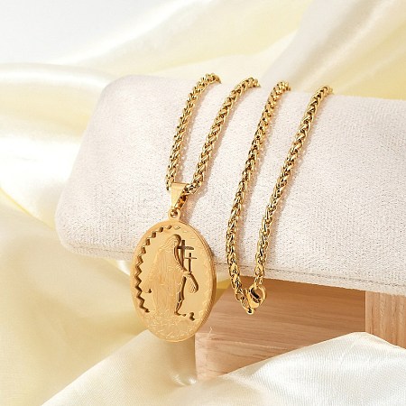 201 Stainless Steel Virgin Mary Pendant Wheat Chain Necklaces for Men NJEW-S387-09G-05-1