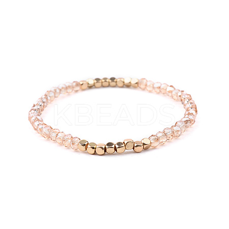 Gold-tone Miyuki Elastic Crystal Beaded Bracelet with Acrylic Tube Beads ST0993433-1
