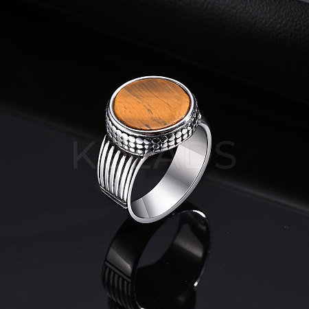 304 Stainless Steel with Natural Tiger Eye Finger Rings for Men FS-WGE1297-01-1