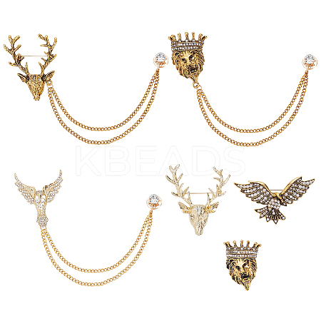 6Pcs 6 Style Lion & Eagle & Deer Rhinestone Safety Pin Brooches JEWB-WR0001-01-1