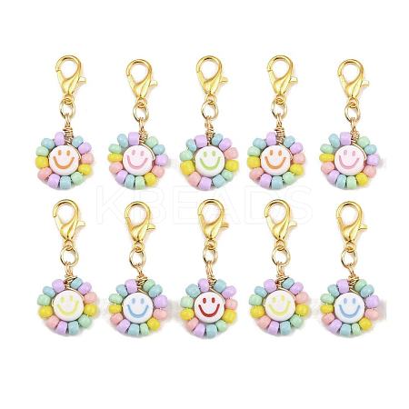 Glass Seed & Acrylic Smiling Face Pendant Decorations HJEW-JM04206-S-1