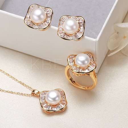 Brass Micro Pave Clear Cubic Zirconia Pendant Necklaces & Stud Earrings & Rings Sets WG2C5C9-06-1