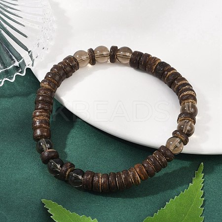 Natural Coconut Rondelle Beads Stretch Bracelets for Men BJEW-JB11635-02-1